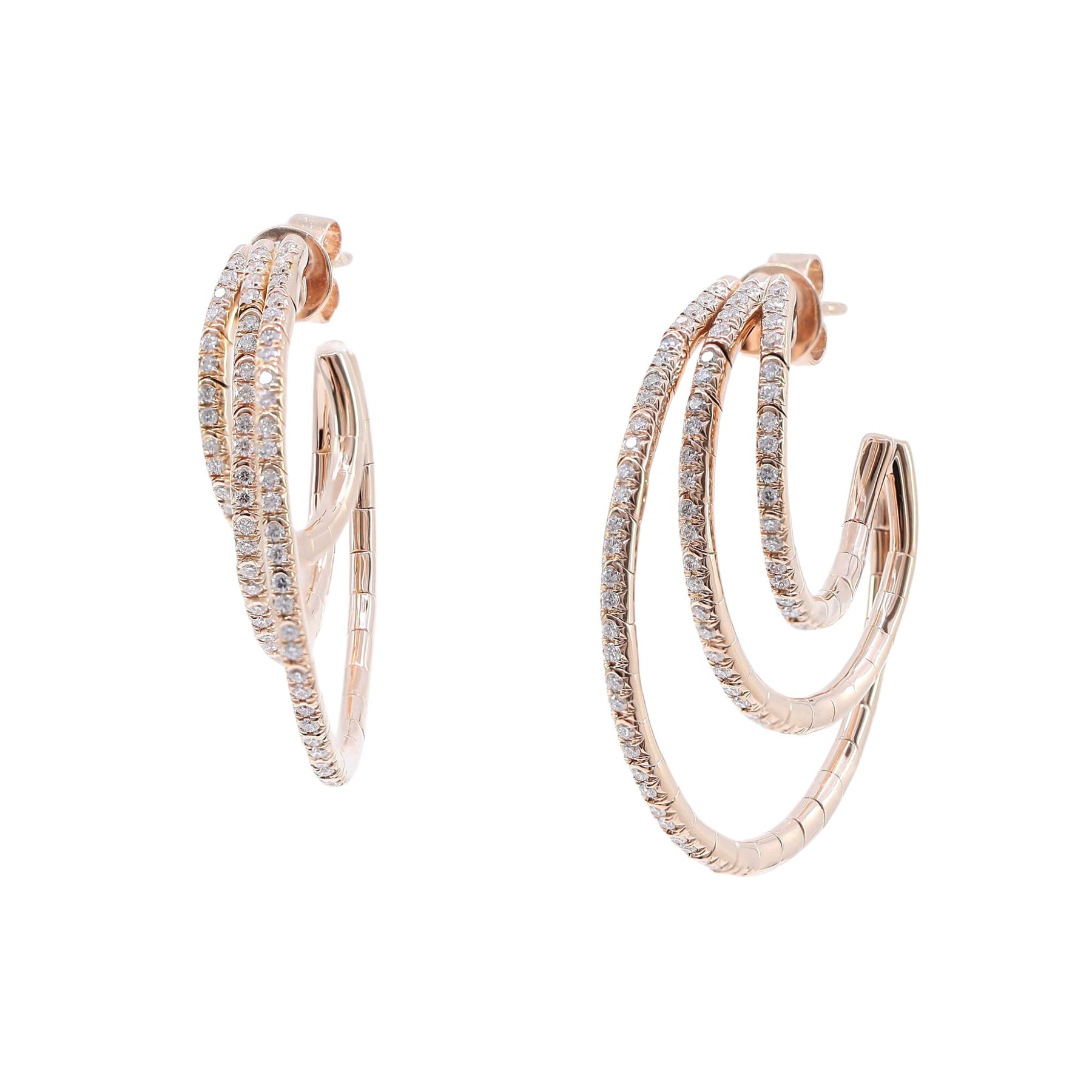 18K ROSE GOLD PAVE DIAMOND TRIPLE HOOP EARRINGS 0.86CTW