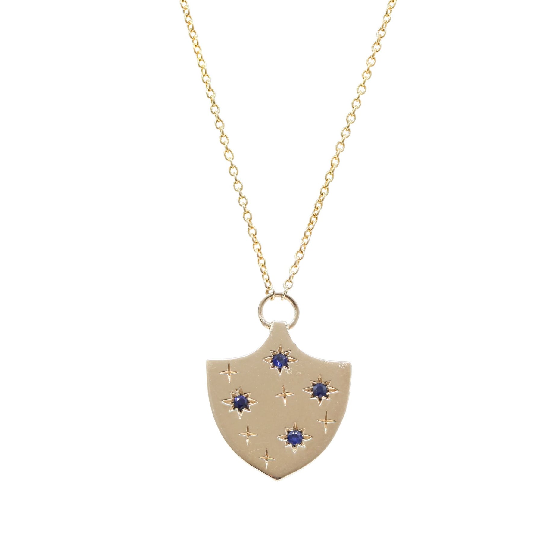 14K YELLOW GOLD PITT SAPPHIRE SHIELD NECKLACE