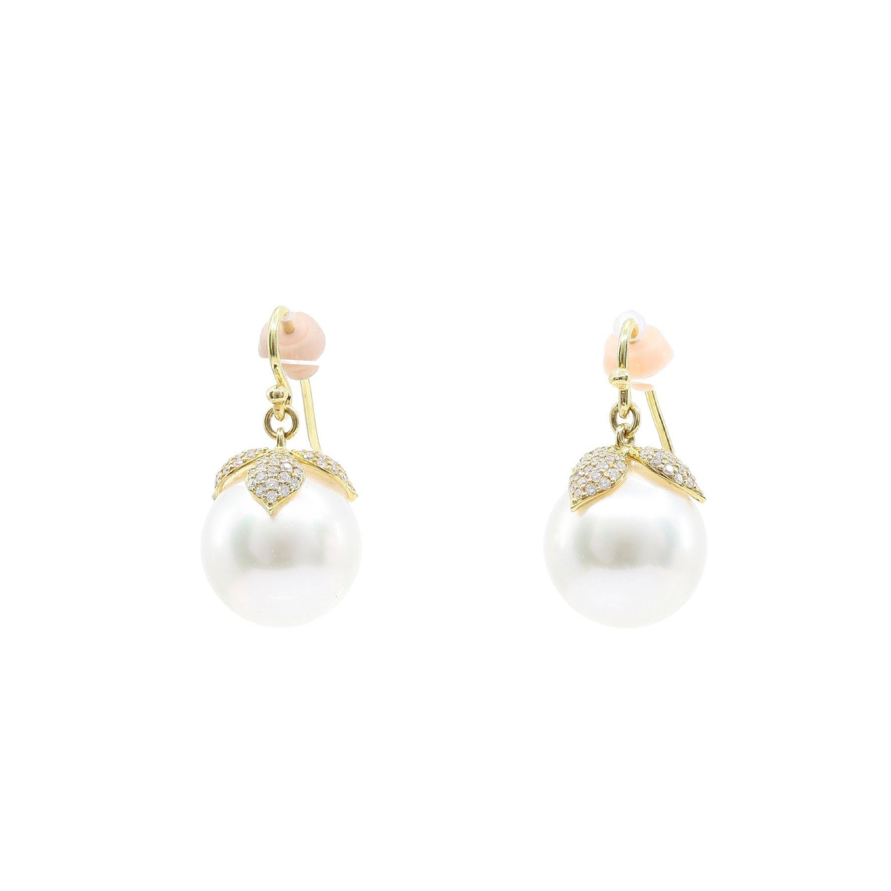 18K YELLOW GOLD WHITE SOUTH SEA PEARL DANGLE EARRINGS WITH PAVE DIAMOND PETALS 0.66CTW