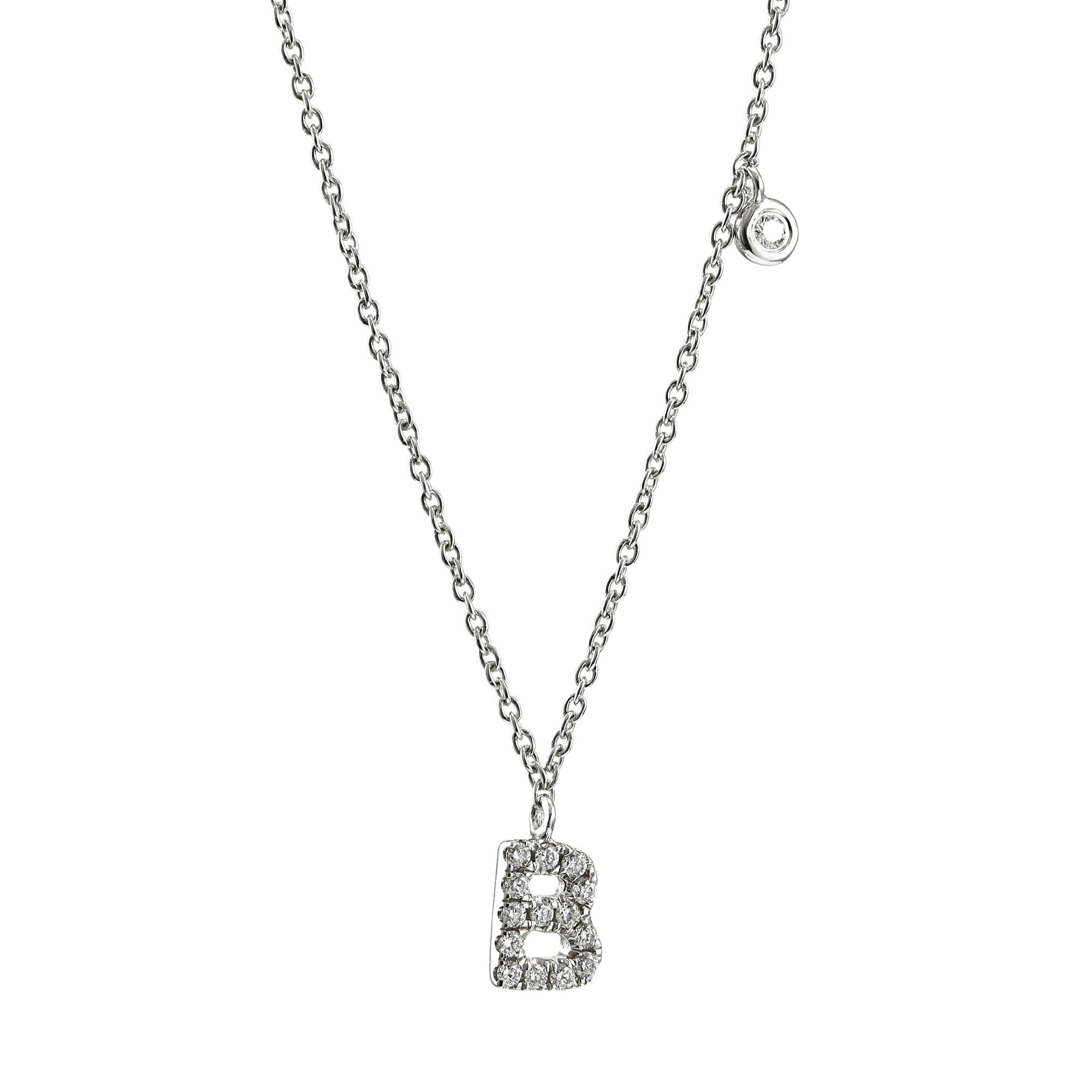 ADJUSTABLE 14-16-INCH 14K WHITE GOLD PAVE DIAMOND LETTER B NECKLACE