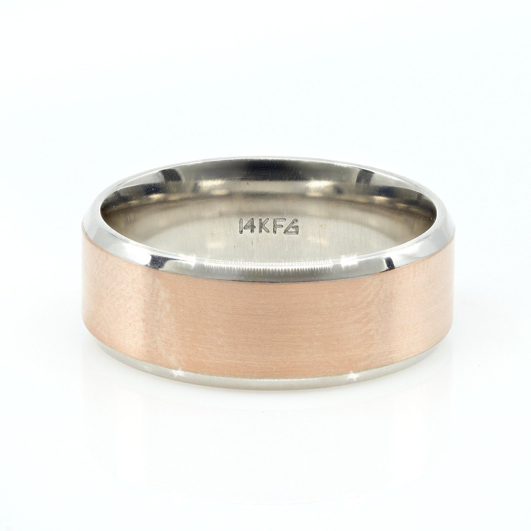 14K TWO-TONE WEDDING BAND WITH A ROSE GOLD CENTER AND WHITE GOLD SLEEVE WITH BEVELED EDGE