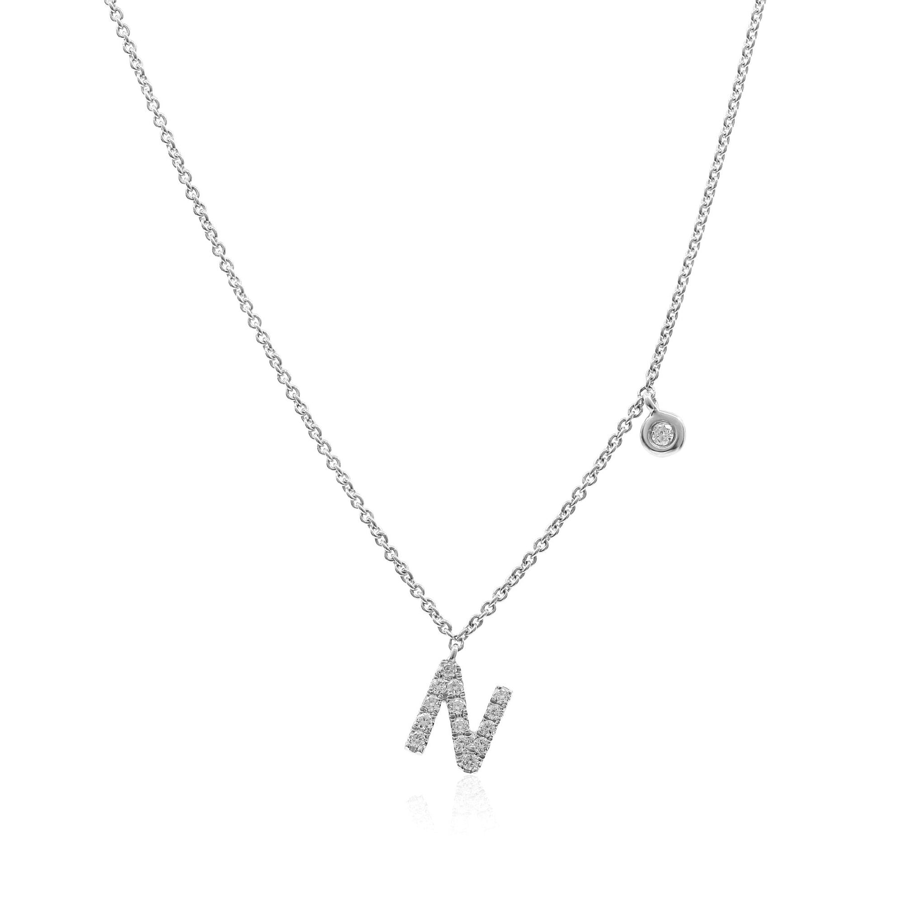 ADJUSTABLE 14-16-INCH 14K WHITE GOLD PAVE DIAMOND LETTER N NECKLACE