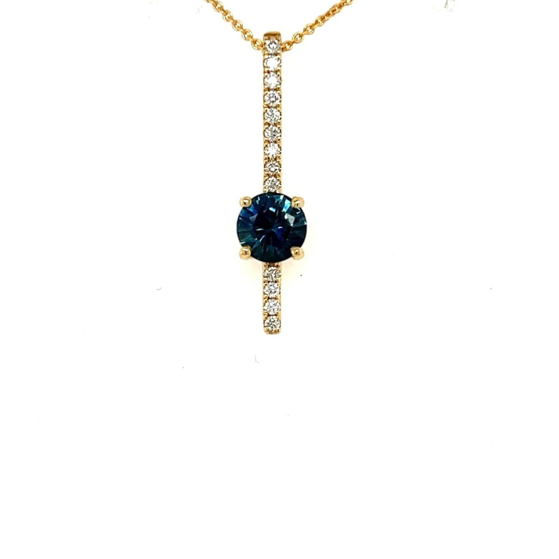 14K YELLOW GOLD MONTANA SAPPHIRE AND DIAMOND BAR PENDANT