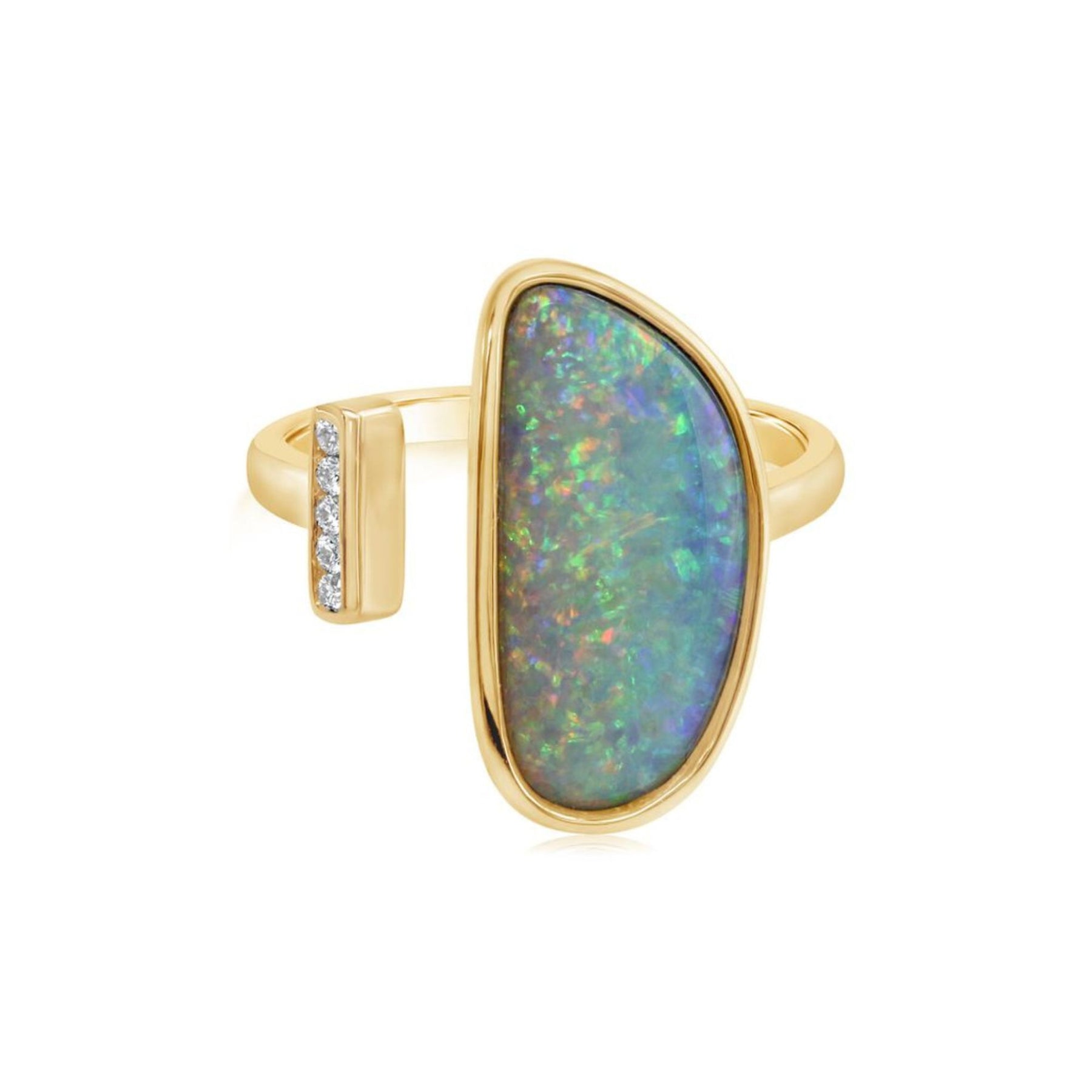 14K YELLOW GOLD ASYMMETRICAL AUSTRALIAN OPAL AND DIAMOND OPEN TOP RING