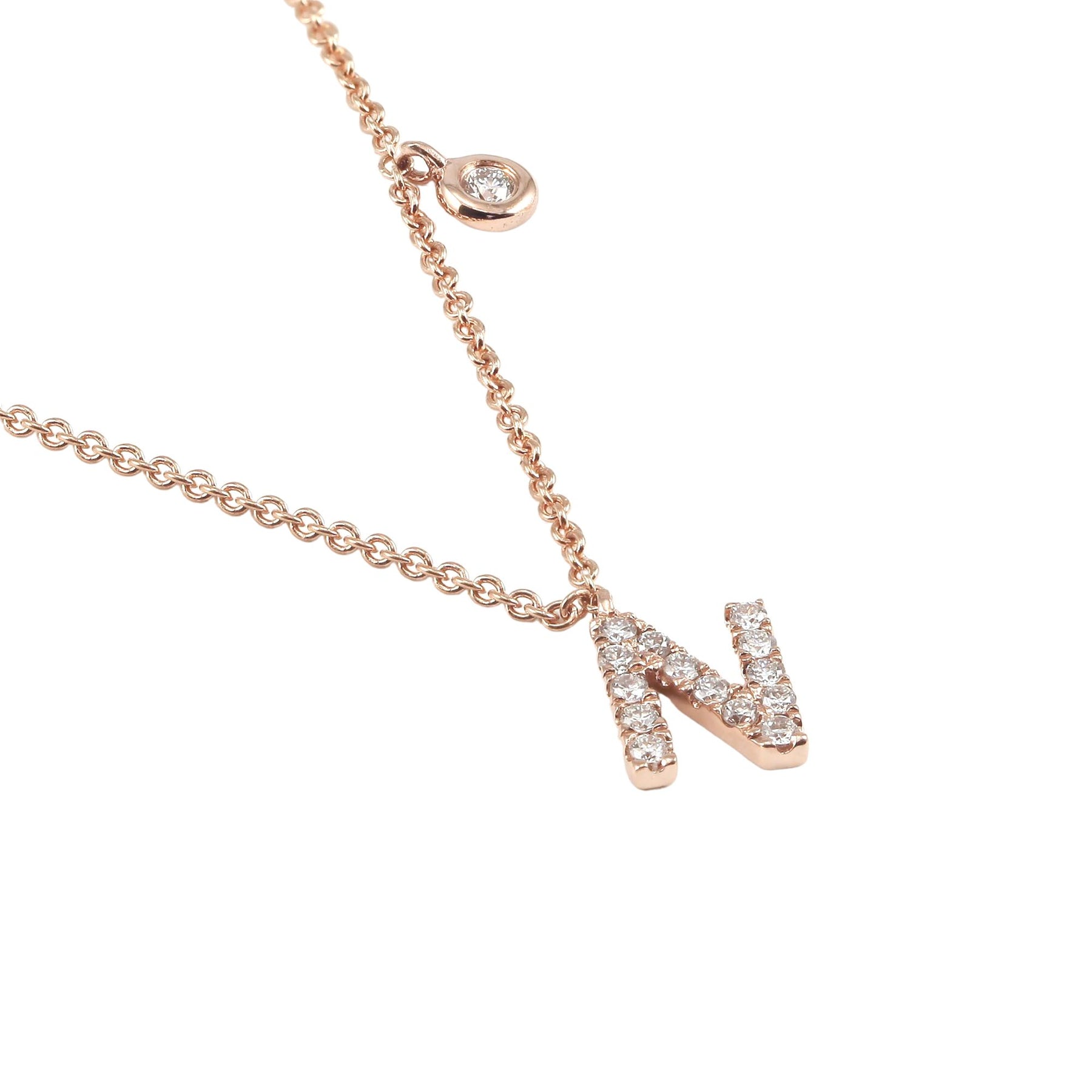 ADJUSTABLE 16-INCH 14K ROSE GOLD PAVE DIAMOND LETTER N NECKLACE