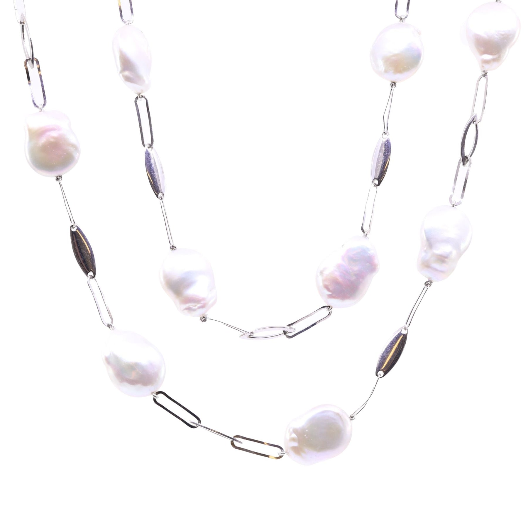 40-INCH FRESHWATER BAROQUE PEARL NECKLACE WITH STERLING SILVER STATIONS