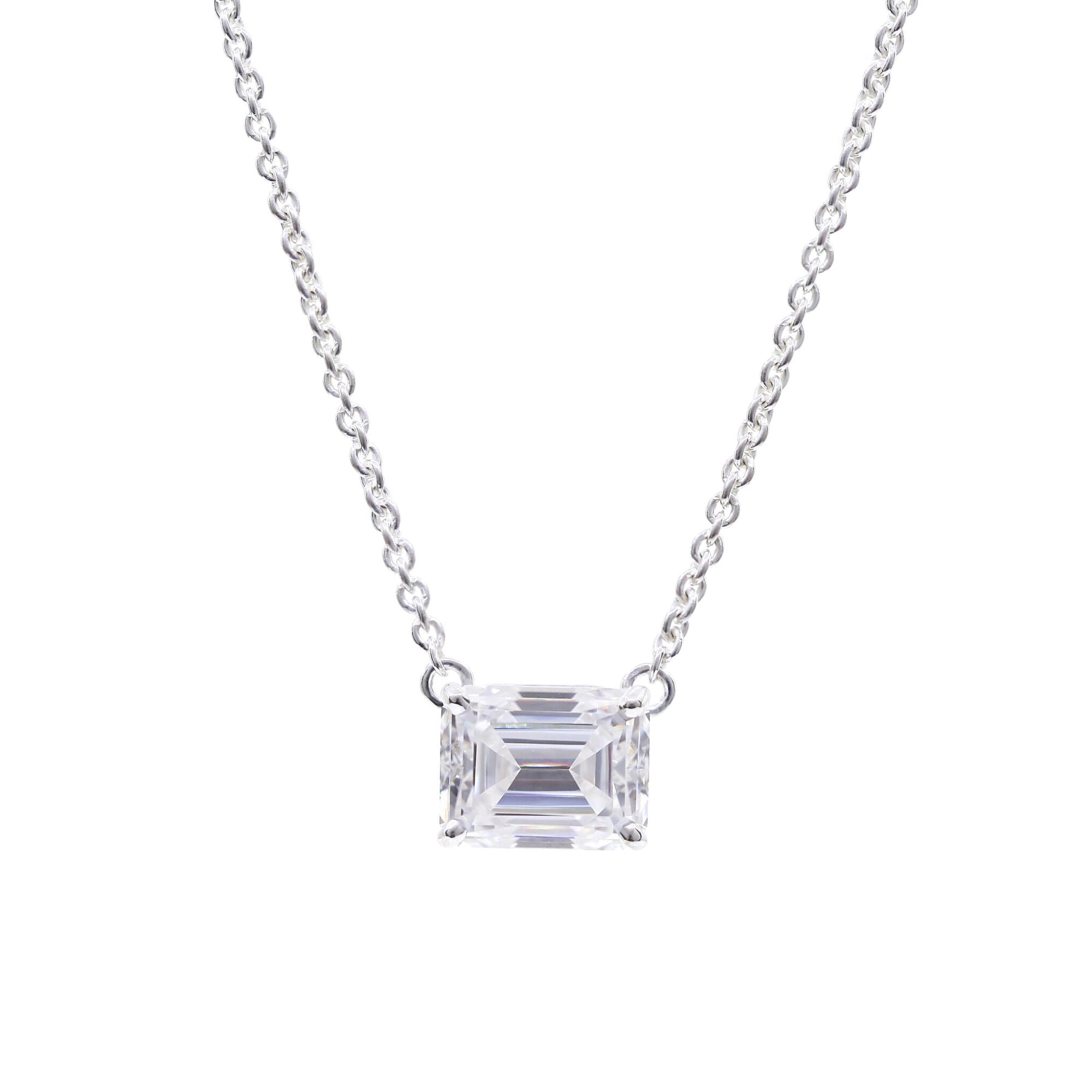 STERLING SILVER EMERALD-CUT MOISSANITE SOLITAIRE PENDANT 2.78CT SET EAST-WEST