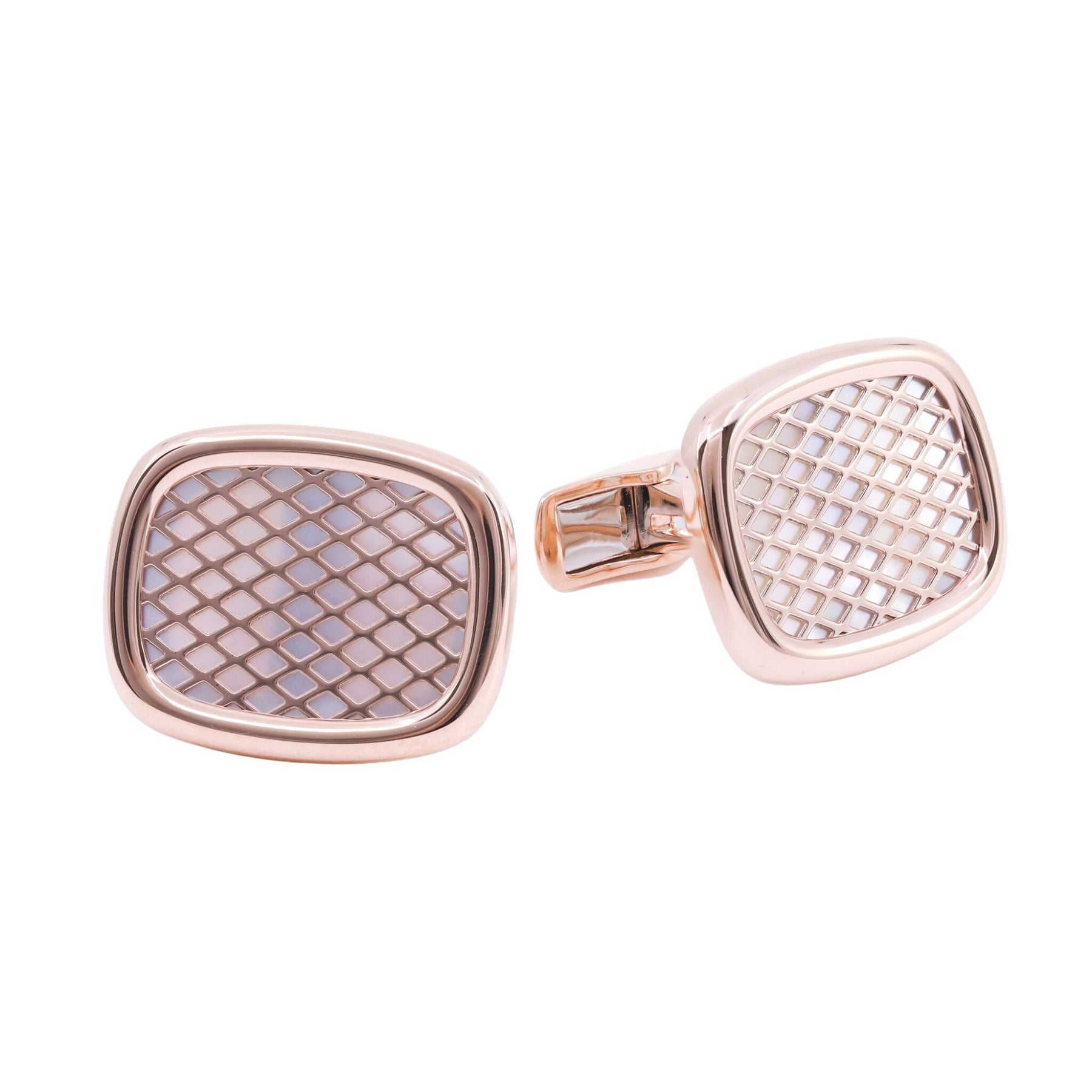 14K ROSE GOLD CUSHION-SHAPE WHITE AGATE LATTICE STYLE CUFFLINKS