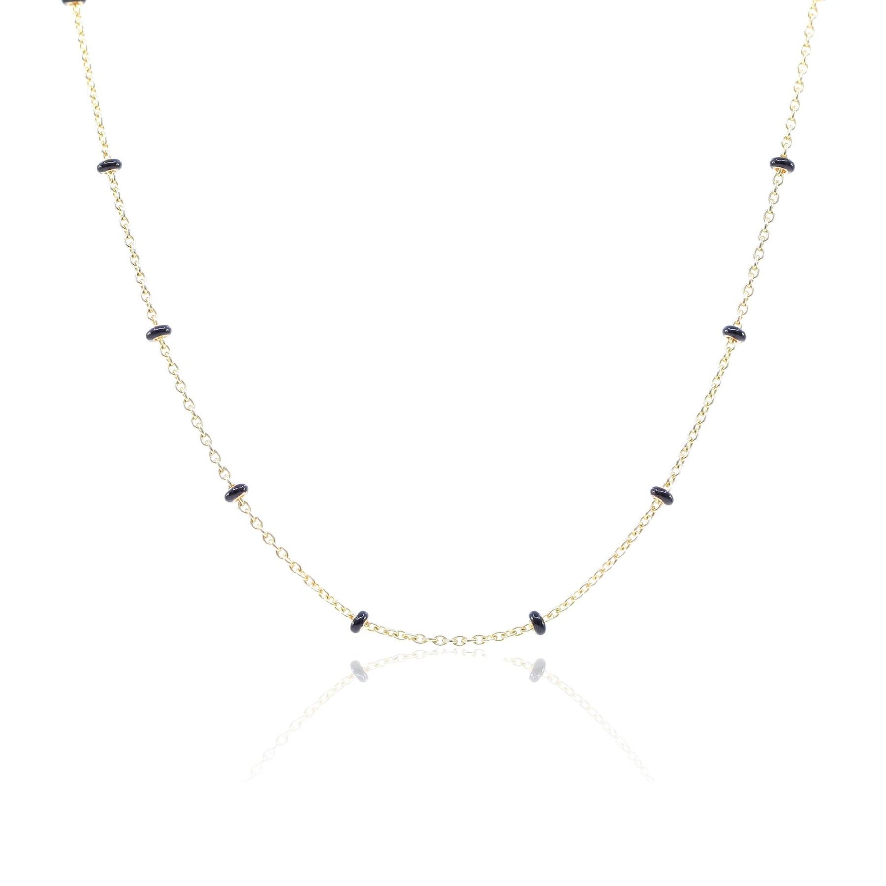 14K YELLOW GOLD BLACK ENAMEL ROUNDEL STATION CHAIN NECKLACE