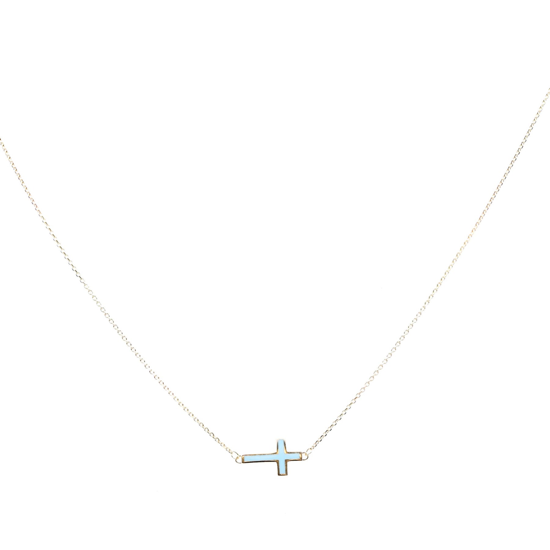 14K YELLOW GOLD TURQUOISE ENAMEL SIDEWAYS CROSS NECKLACE