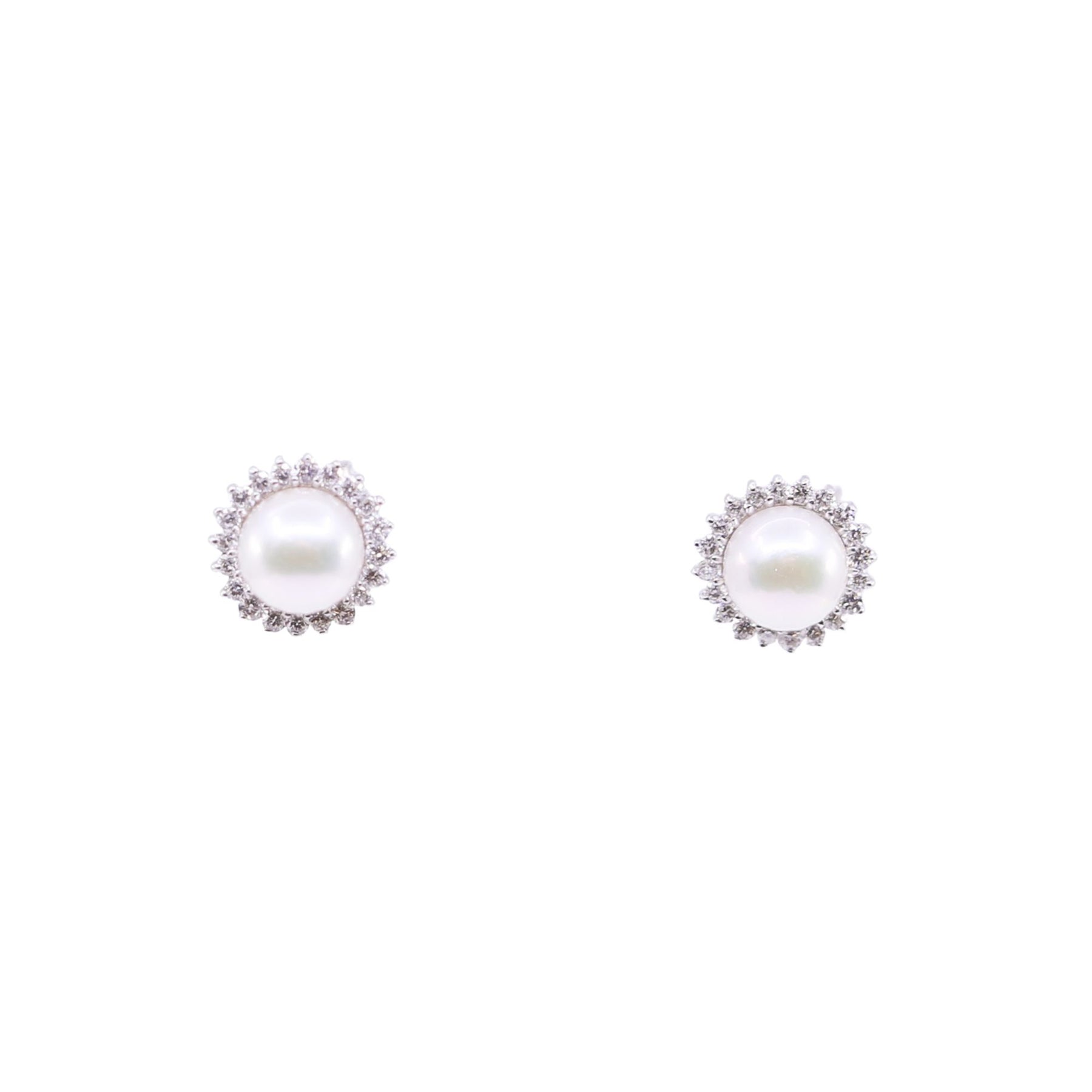 14K WHITE GOLD CULTURED PEARL STUD EARRINGS WITH DIAMOND HALO - 0.18CTW