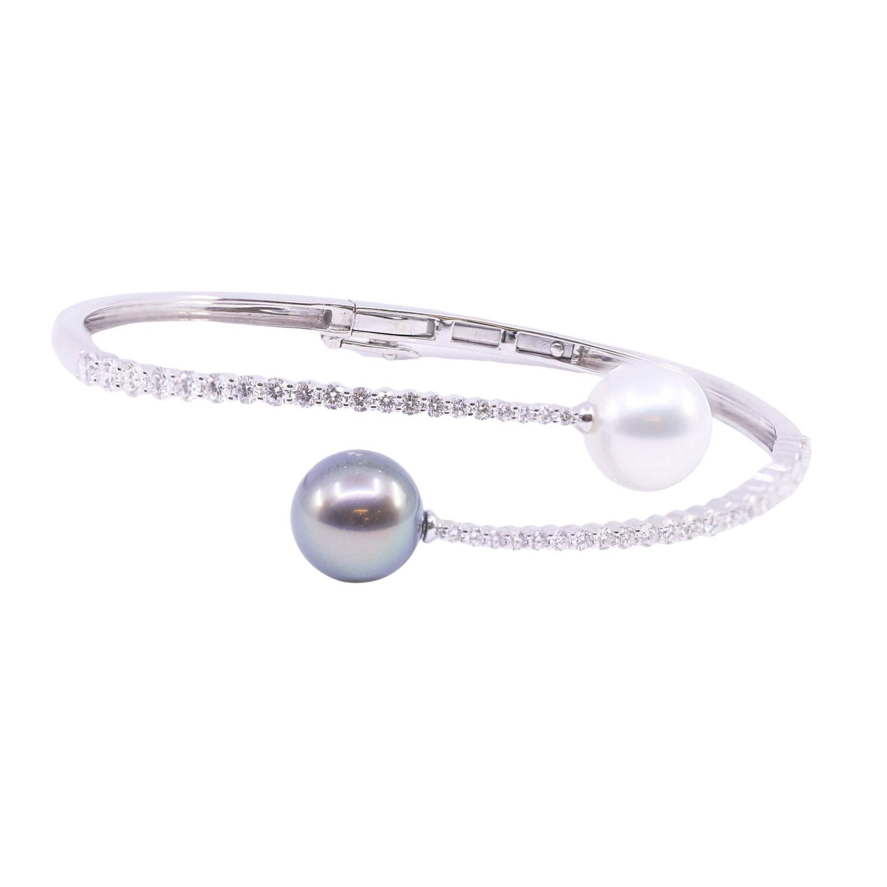 18K WHITE GOLD SOUTH SEA AND TAHITIAN PEARL BYPASS BRACELET WITH DIAMONDS 1.83CTW