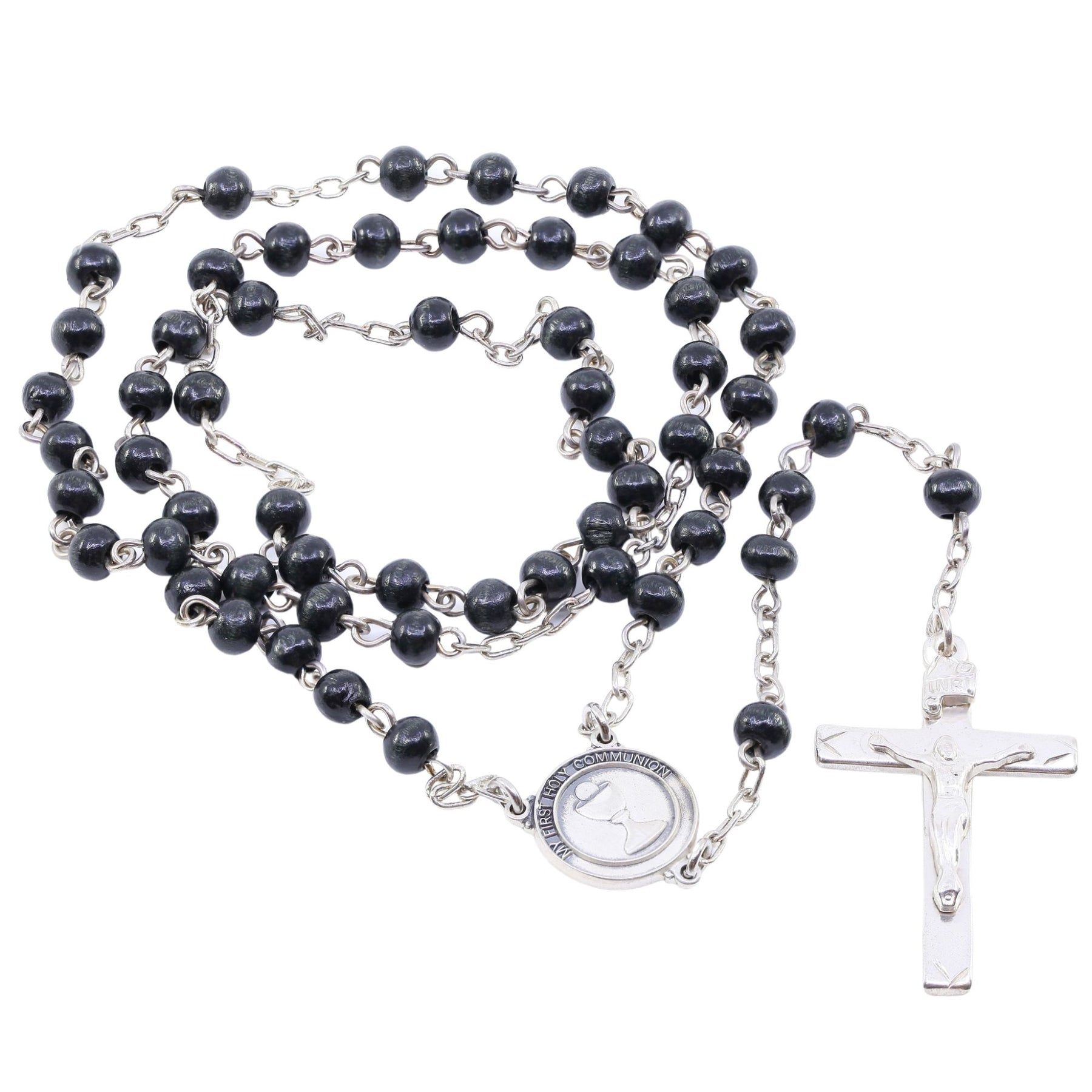 Sterling Silver 5mm Black Bead First Holy Communion Rosary