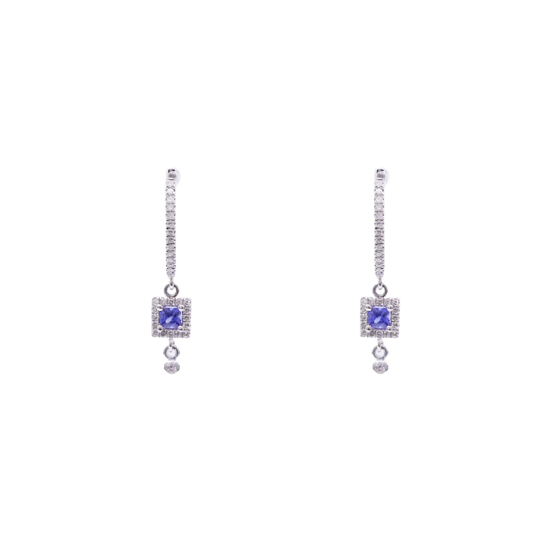 14K WHITE GOLD DIAMOND FRAMED SAPPHIRE DANGLE HOOP EARRINGS