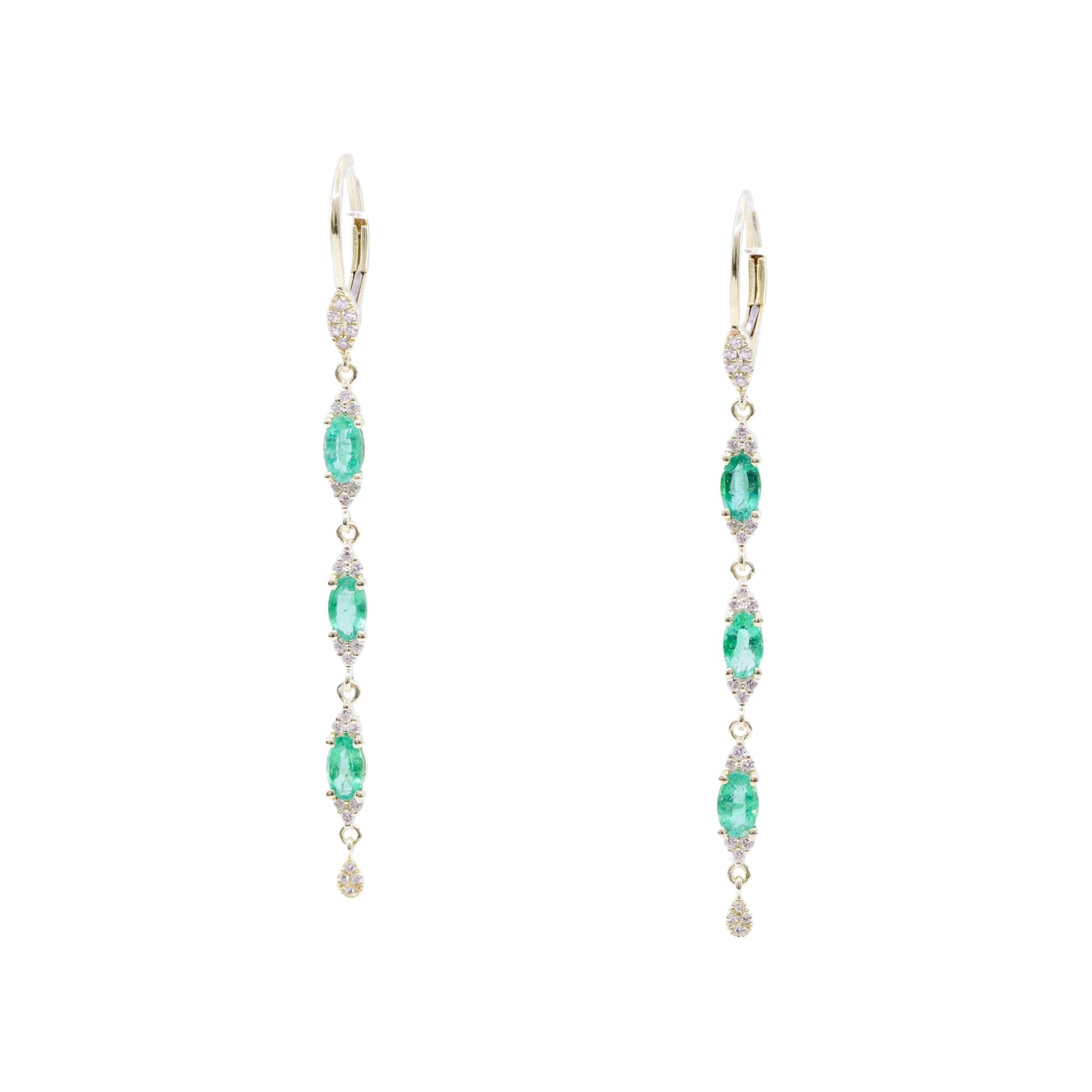 14K YELLOW GOLD OVAL EMERALD AND DIAMOND DANGLE EARRINGS