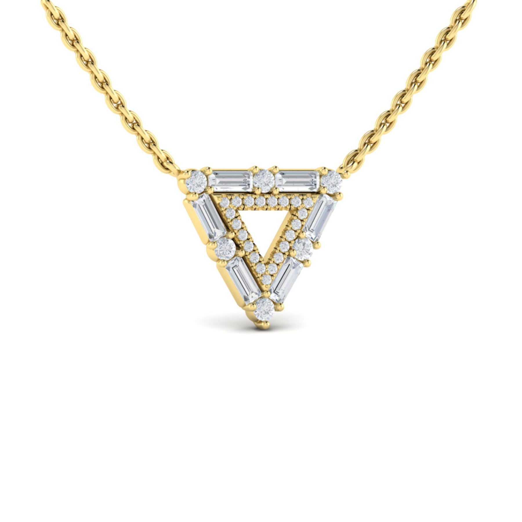 14K YELLOW GOLD OPEN TRIANGLE ROUND DIAMOND AND BAGUETTE NECKLACE