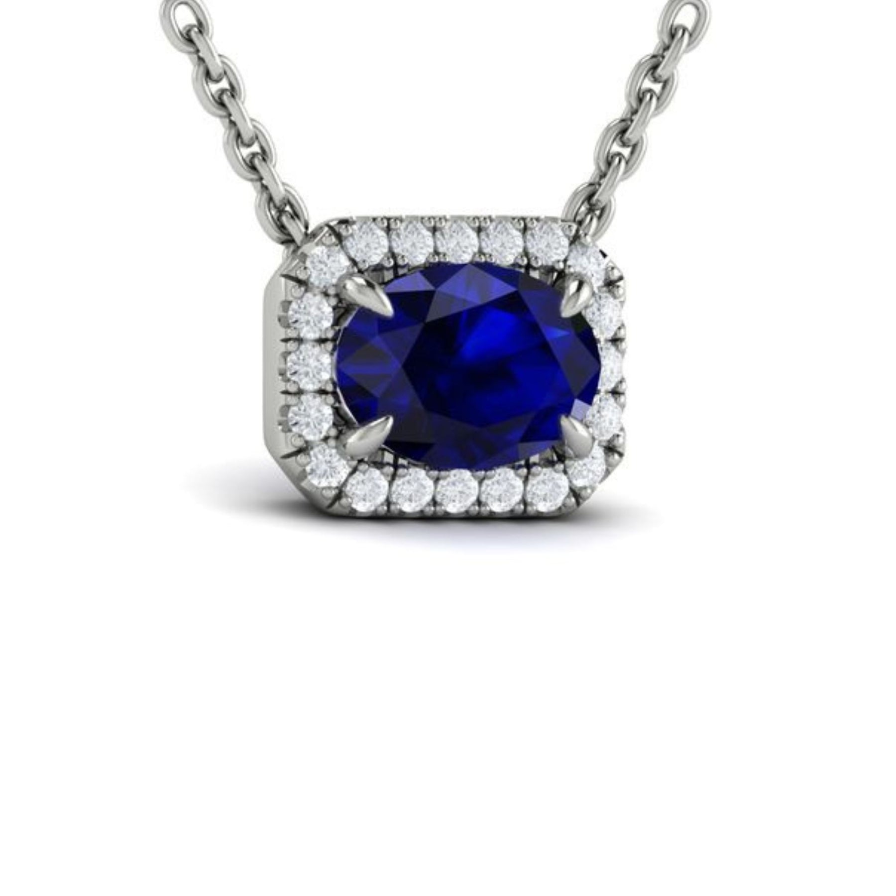 14K WHITE GOLD EAST-WEST OVAL SAPPHIRE AND DIAMOND HALO NECKLACE 0.20CTW