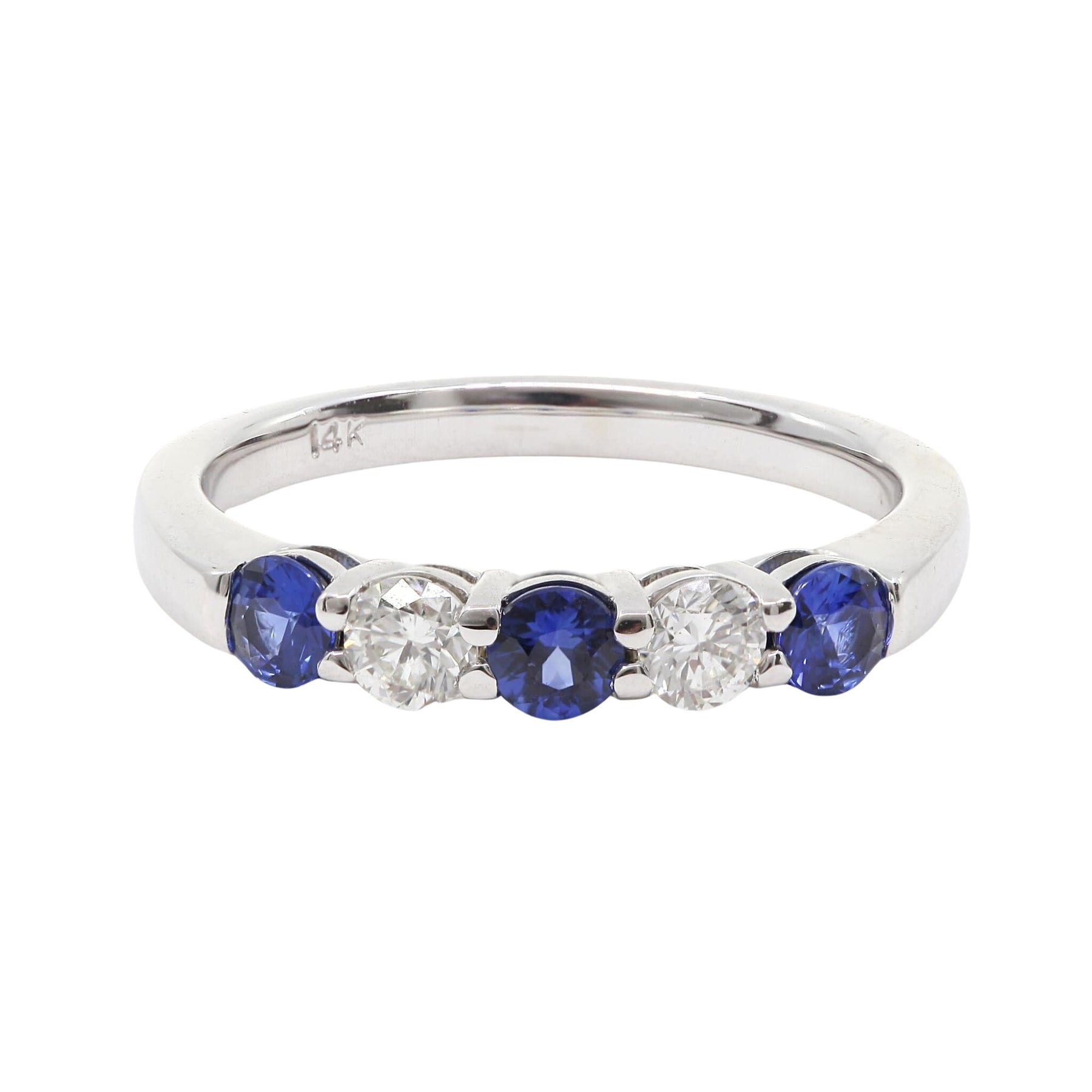 14K WHITE GOLD 5-STONE BAND WITH ALTERNATING SAPPHIRES AND DIAMONDS