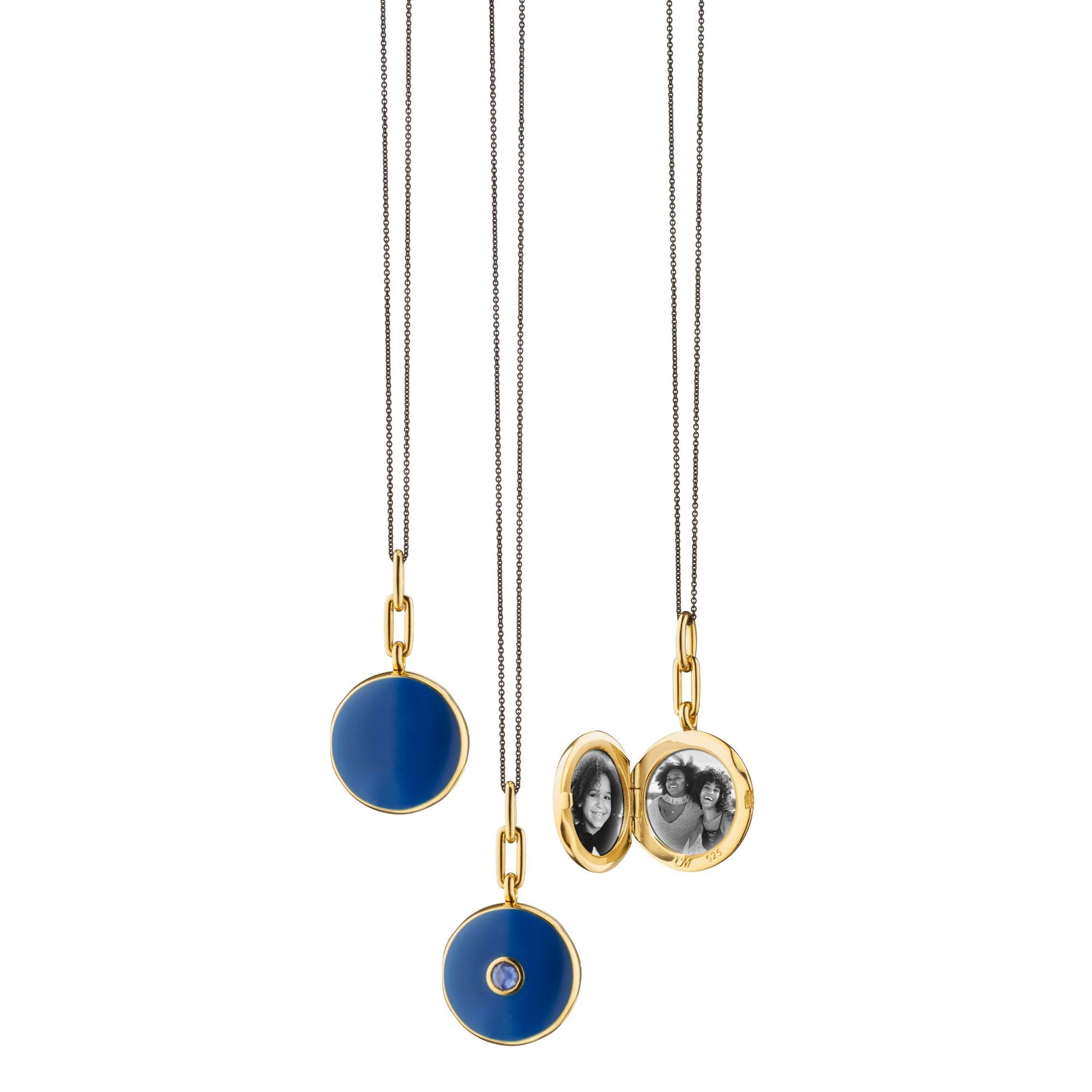 MONICA RICH KOSANN STERLING SILVER AND 18K YELLOW GOLD VERMEIL NAVY ENAMEL ROUND LOCKET NECKLACE