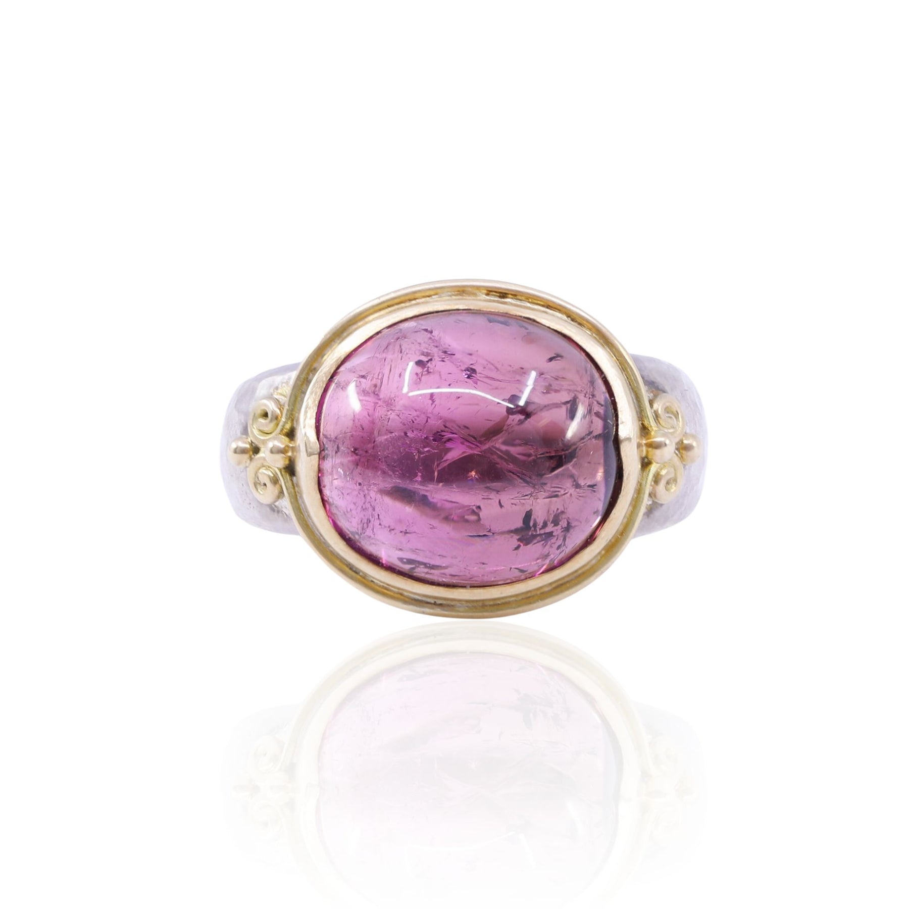 STEVEN BATTELLE STERLING SILVER AND 18K YELLOW GOLD CABOCHON PINK TOURMALINE RING