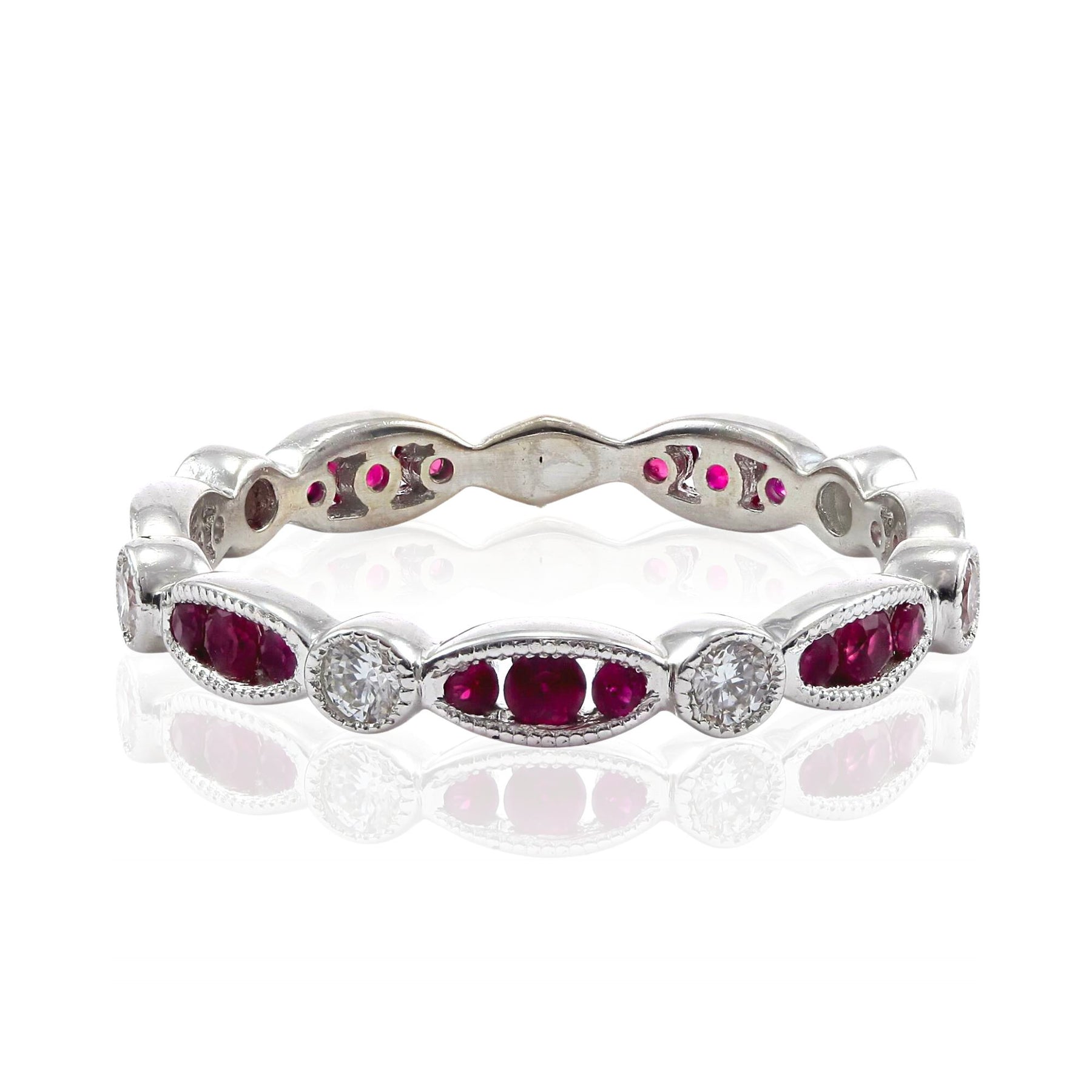 18K White Gold Ruby and Diamond Milgrain Stacking Band