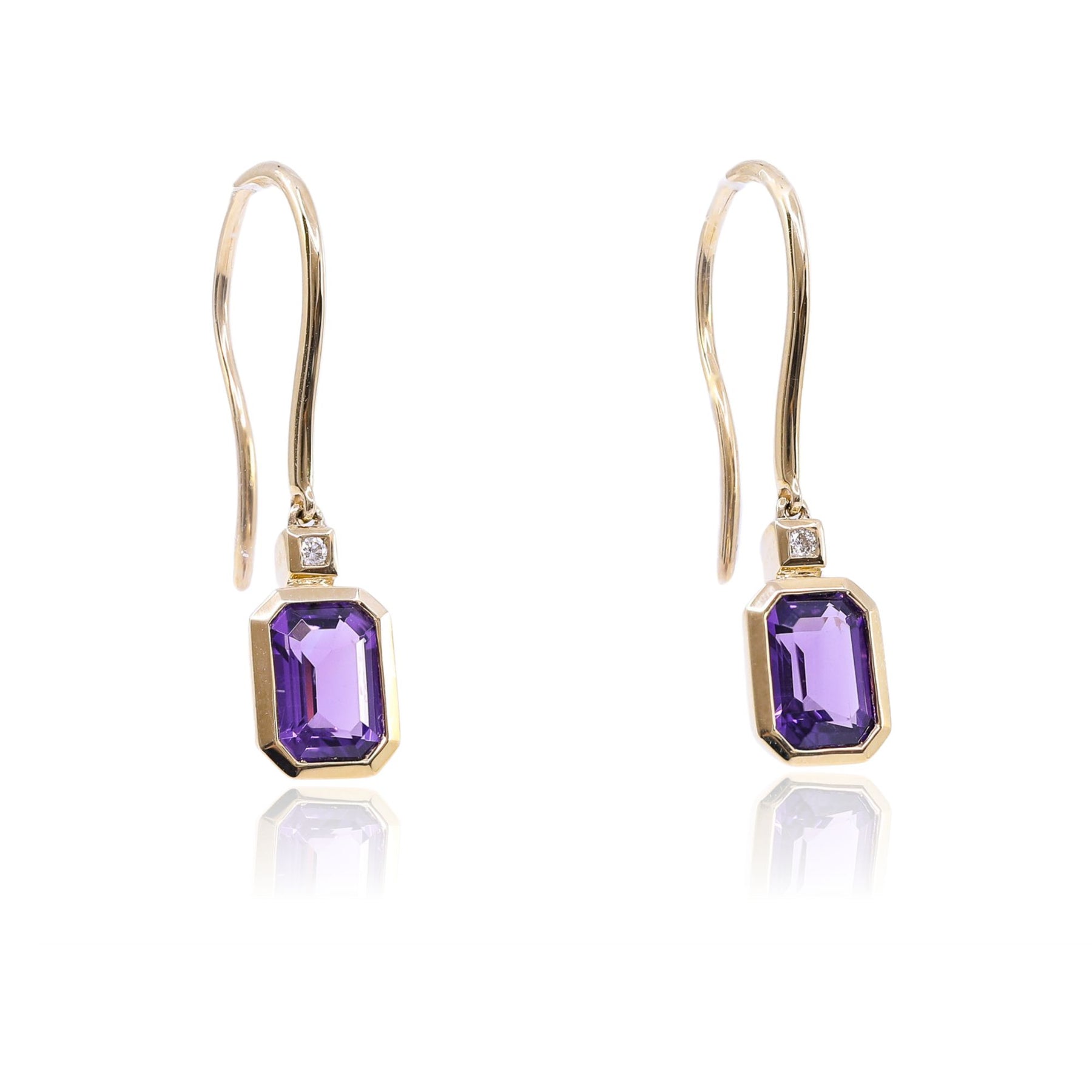 14K YELLOW GOLD CUSHION-SHAPE AMETHYST DANGLE EARRINGS WITH DIAMOND ACCENTS