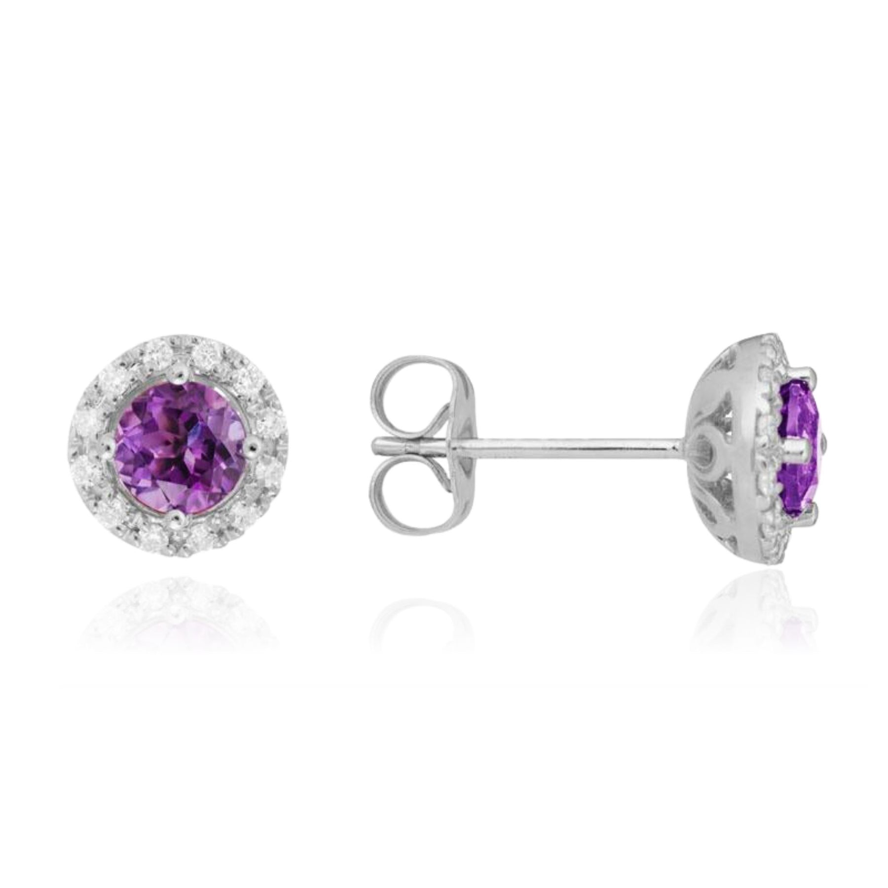 14K WHITE GOLD AMETHYST AND DIAMOND HALO STUD EARRINGS