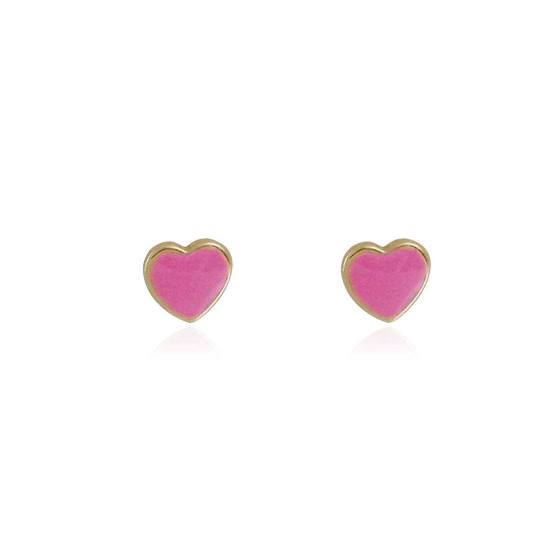 14K YELLOW GOLD 4.5MM PINK ENAMEL HEART STUD EARRINGS