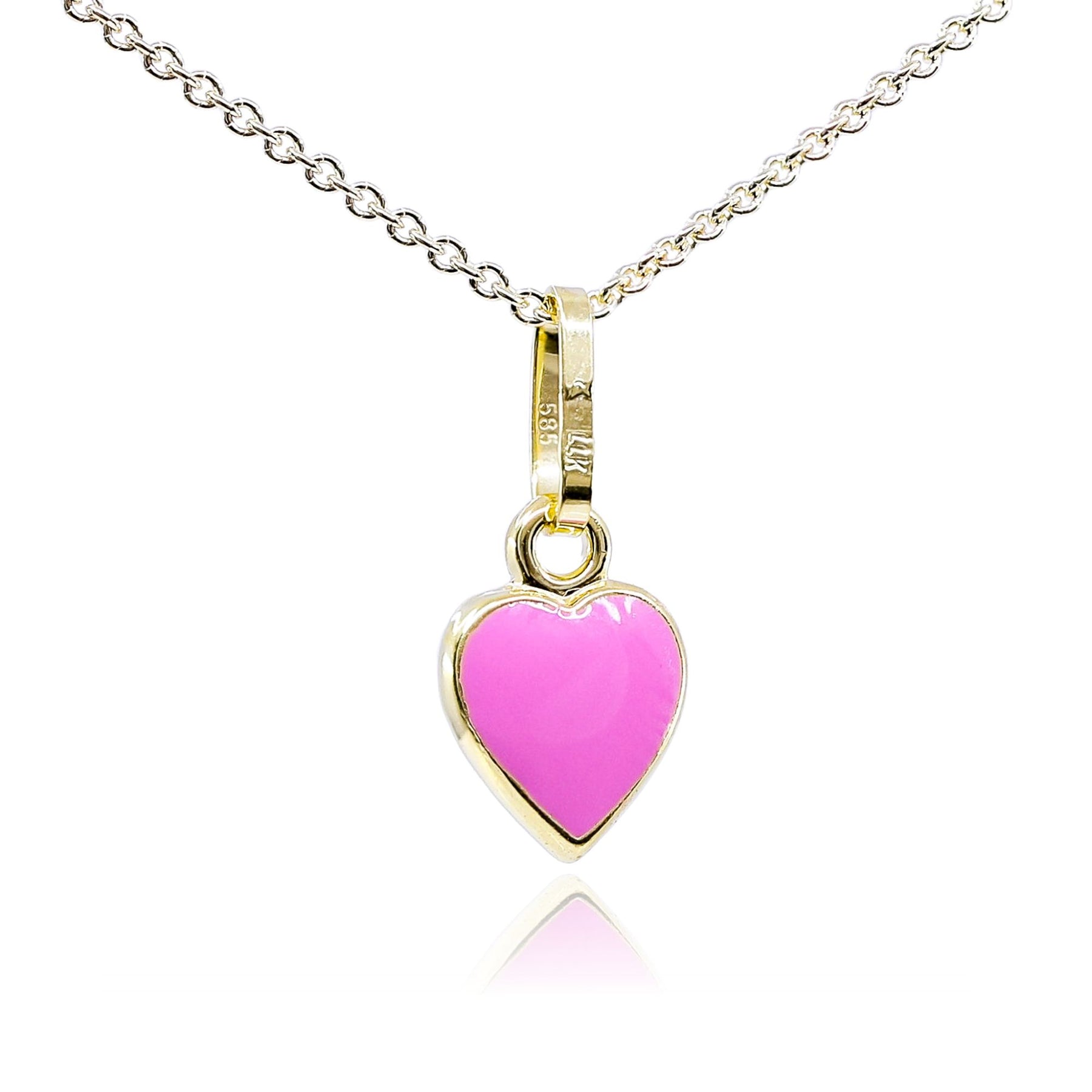 14K YELLOW GOLD 9MM PINK ENAMEL HEART NECKLACE, 14-15 INCHES