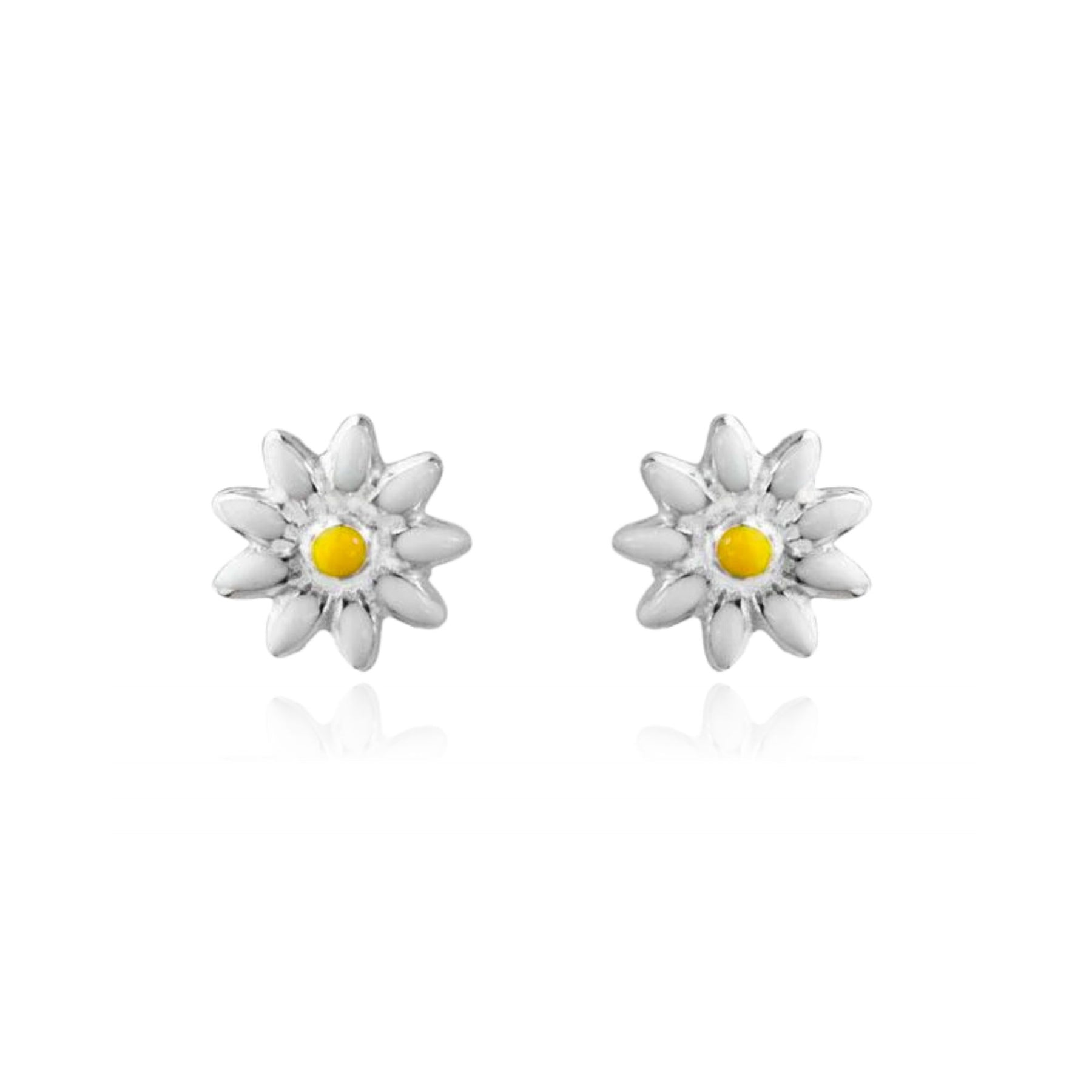 STERLING SILVER WHITE AND YELLOW ENAMELED DAISY STUD EARRINGS