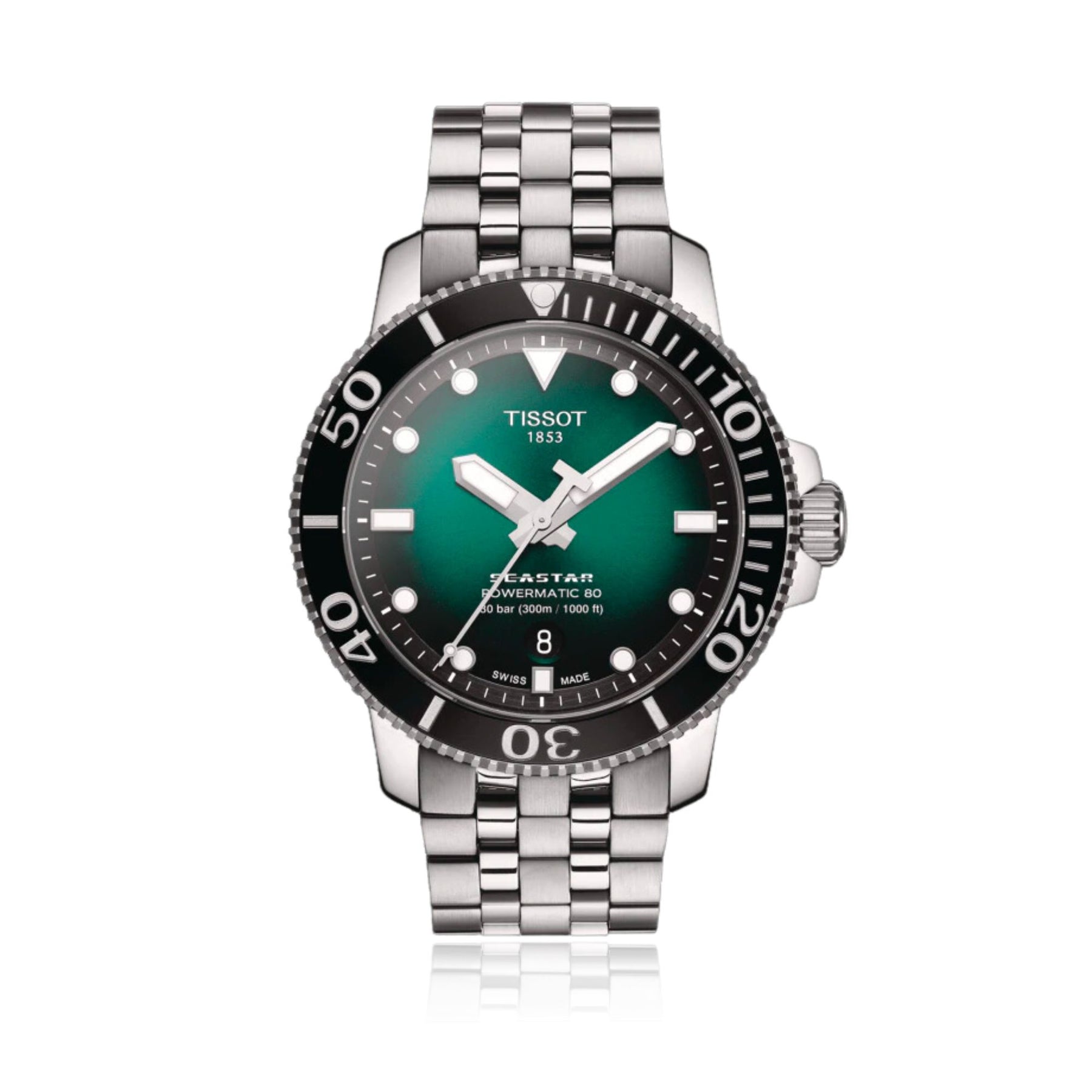 43MM TISSOT SEASTAR 1000 POWERMATIC 80 WATCH WITH GREEN-BLACK DATE DIAL