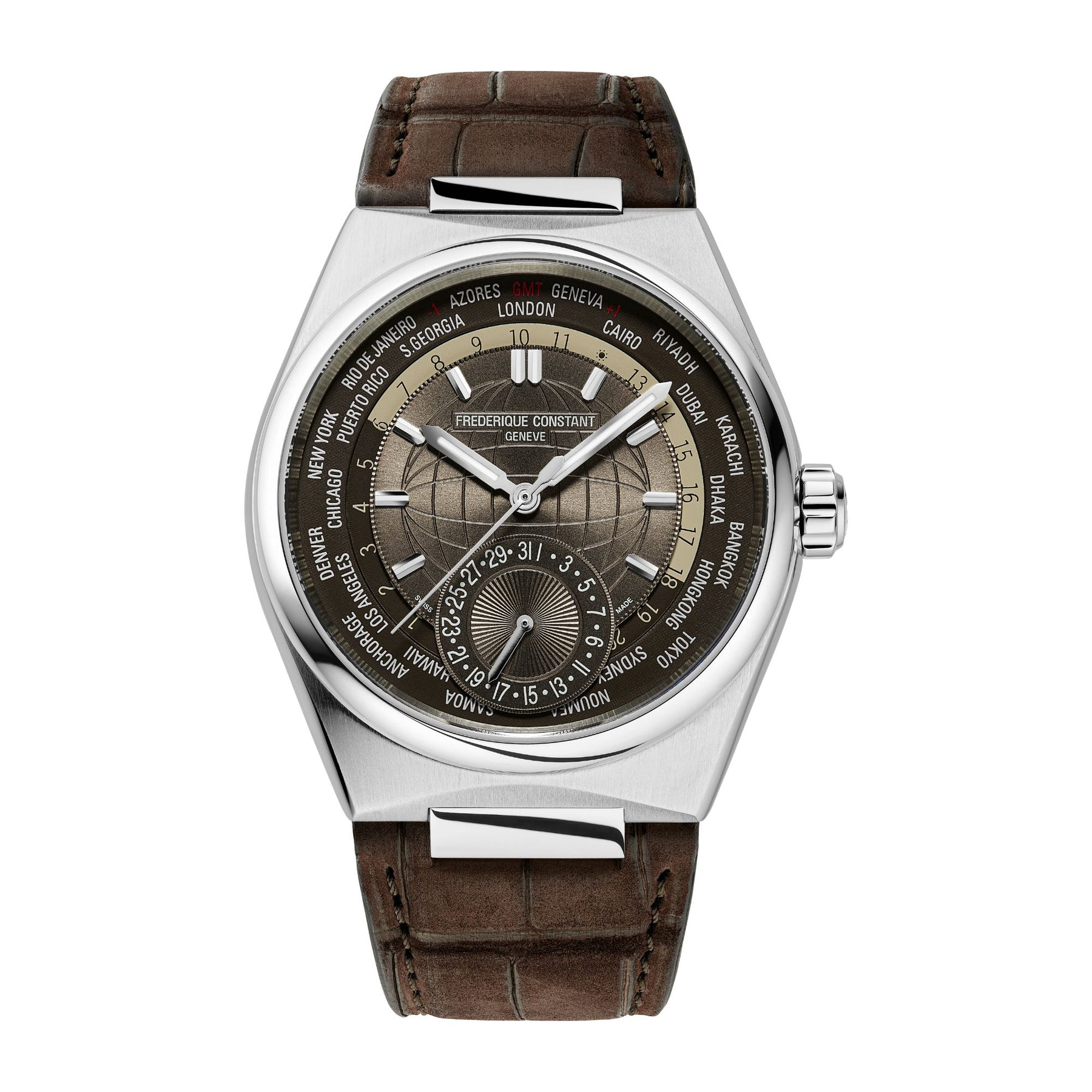 41MM FREDERIQUE CONSTANT HIGHLIFE WORLDTIMER AUTOMATIC WATCH WITH BROWN AND TAN WORLD TIME DIAL