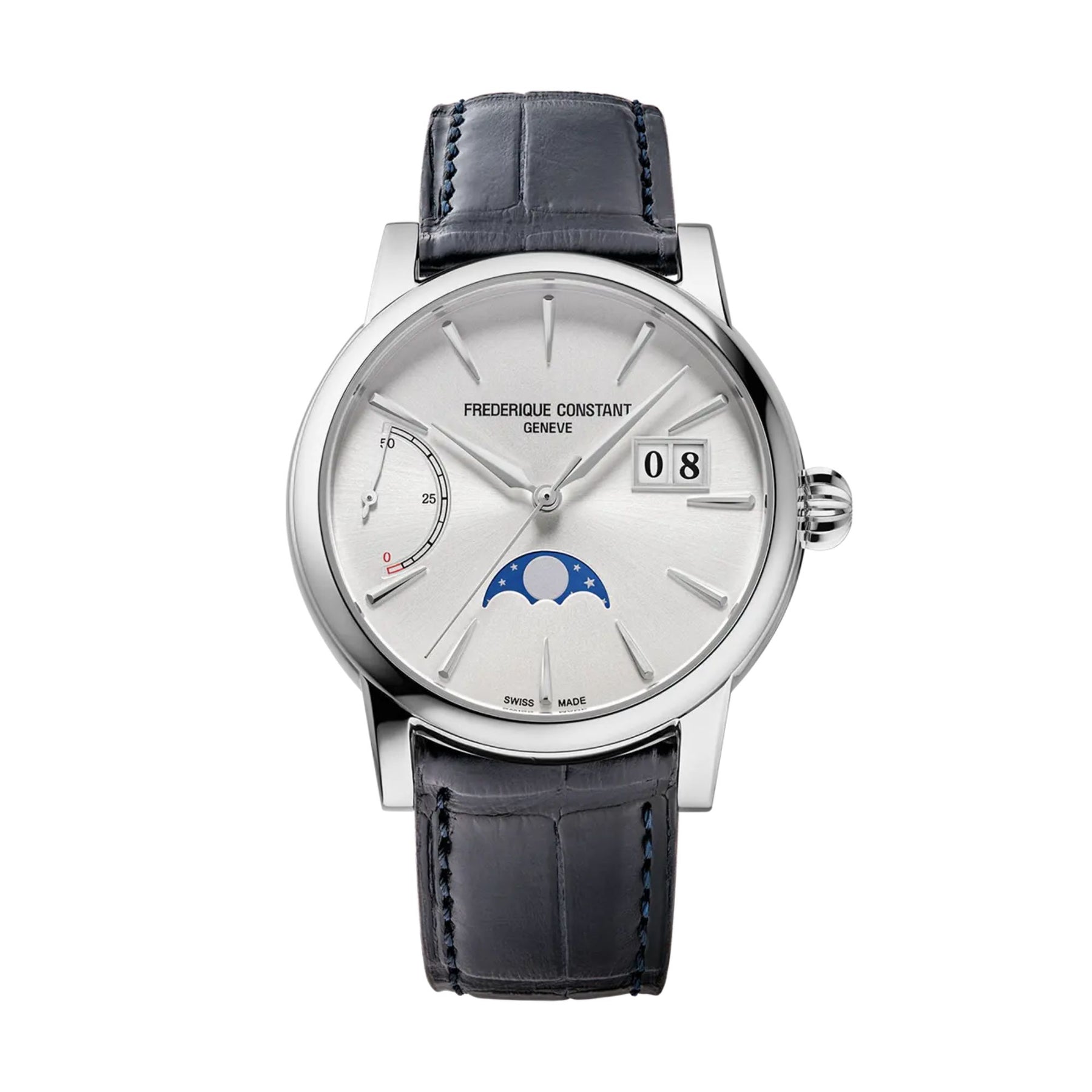 40MM FREDERIQUE CONSTANT CLASSIC POWER RESERVE BIG DATE AUTOMATIC WATCH WITH SILVER DIAL