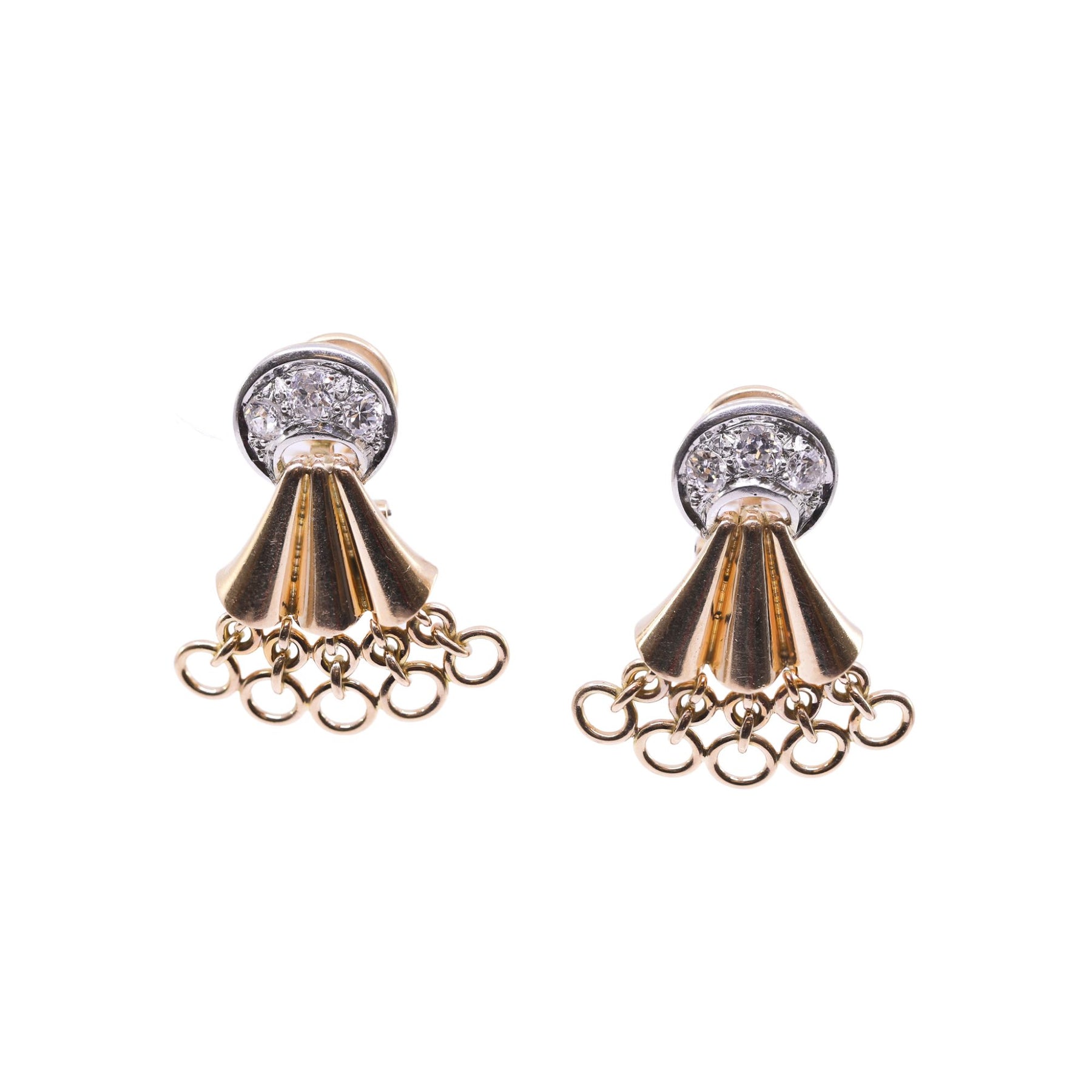 ESTATE 18K YELLOW GOLD AND PLATINUM FAN-STYLE EARRINGS WITH OLD EUROPEAN CUT DIAMONDS