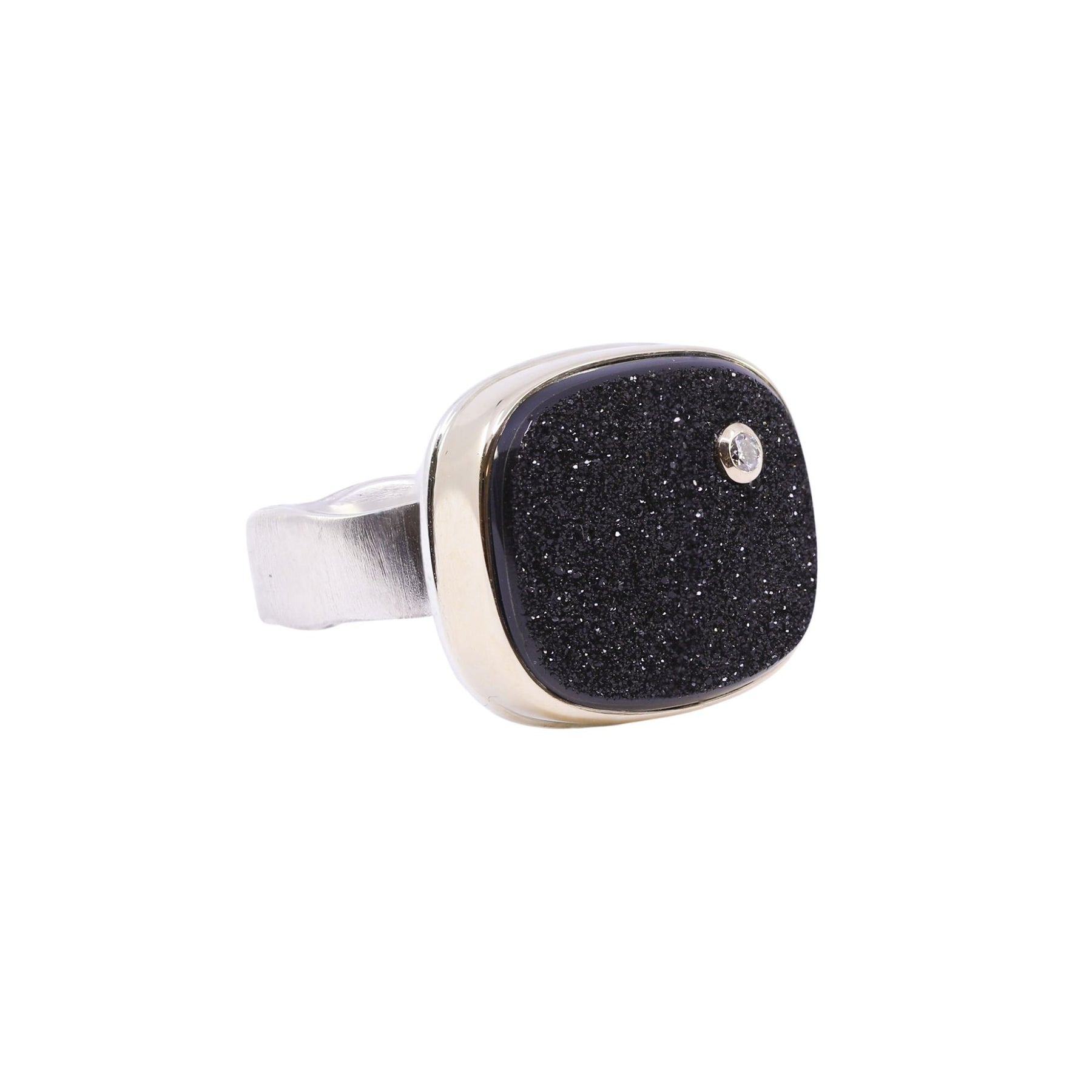 JAMIE JOSEPH STERLING SILVER AND 14K ROSE GOLD BLACK DRUSY AND DIAMOND ACCENT RING