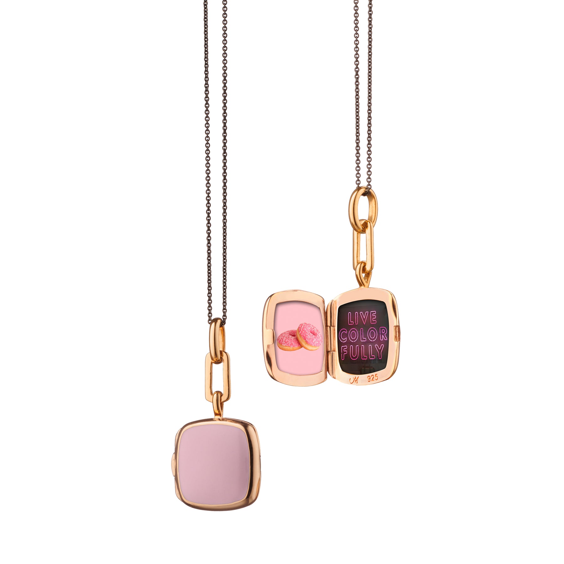 MONICA RICH KOSANN STERLING SILVER AND 18K ROSE GOLD VERMEIL PINK ENAMEL CUSHION LOCKET NECKLACE