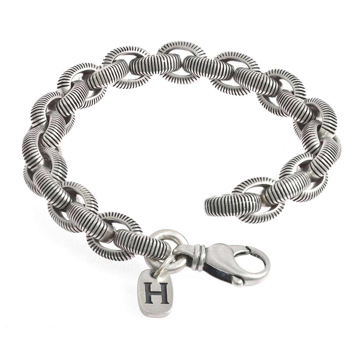 Matte sterling silver oval textured link bracelet