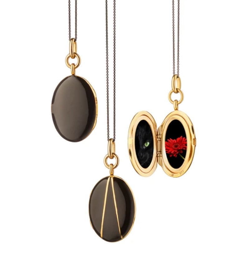 MONICA RICH KOSANN STERLING SILVER AND 18K YELLOW GOLD VERMEIL BLACK ENAMEL LOCKET NECKLACE